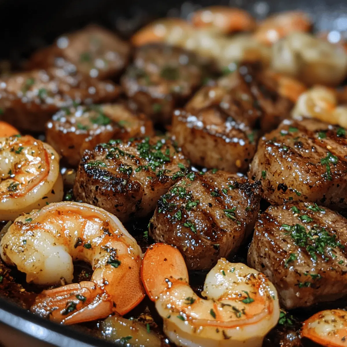 Garlic Butter Steak Bites and Shrimp Skillet