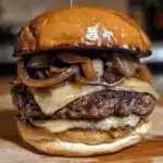 Mushroom Swiss Burger with Caramelized Onions